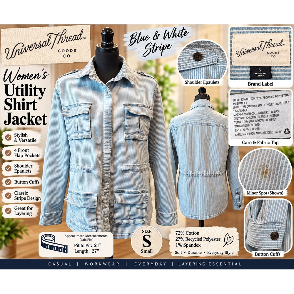 Universal Thread Women Blue White Stripe Utility Shirt Jacket Small Epaulets